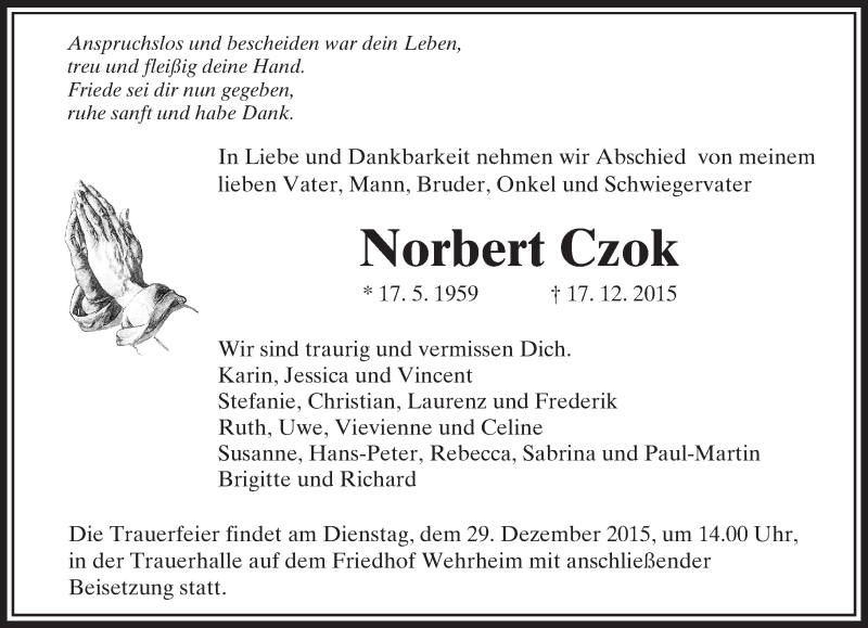 Traueranzeige für Norbert Czok vom 23.12.2015 aus  Usinger Anzeiger