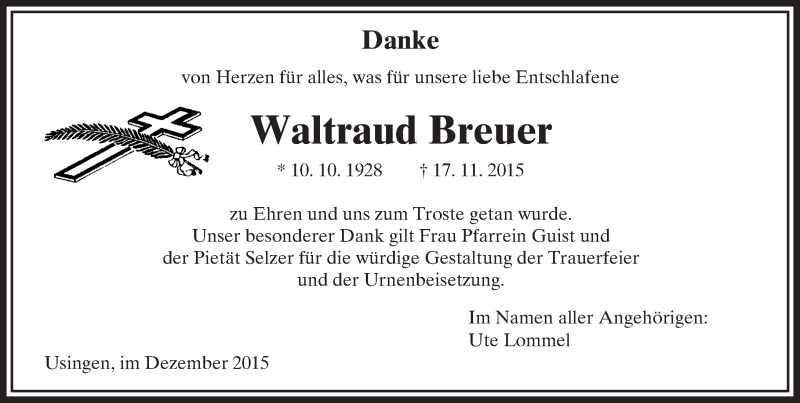  Traueranzeige für Waltraud Breuer vom 09.12.2015 aus  Usinger Anzeiger