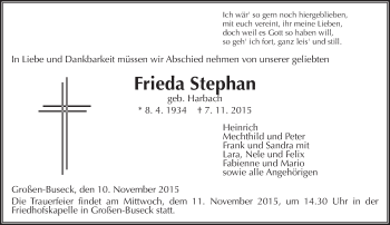 Traueranzeige von Frieda Stephan von  Gießener Anzeiger