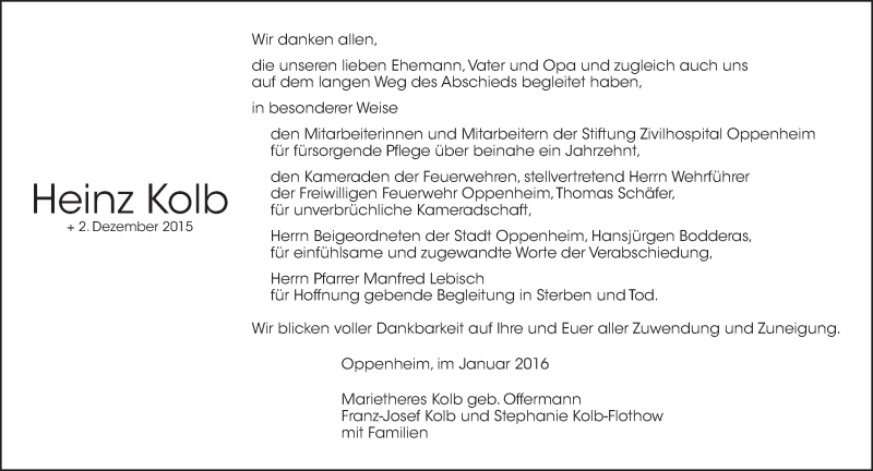  Traueranzeige für Heinz Kolb vom 09.01.2016 aus  Allgemeine Zeitung Mainz