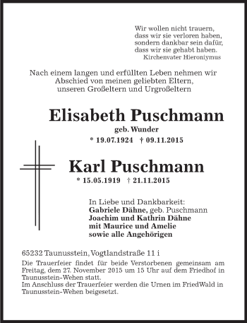 Traueranzeige von Elisabeth und Karl Puschmann von  WK-UTA/Aar-Bote