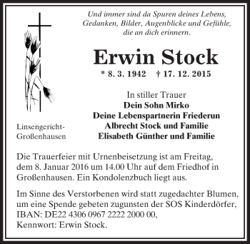 Traueranzeige von Erwin Stock von  GT Extra