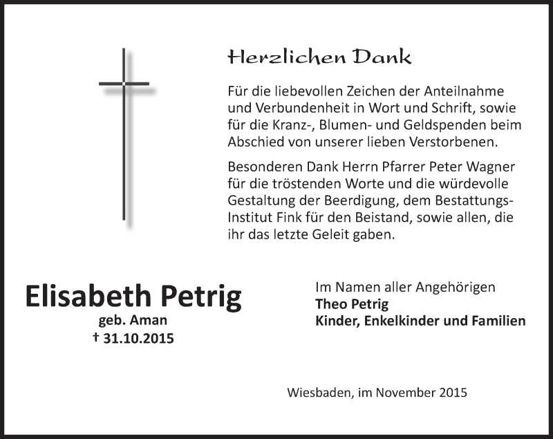  Traueranzeige für Elisabeth Petrig vom 21.11.2015 aus  Wiesbaden komplett