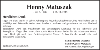 Traueranzeige von Henny Matuszak von  Sonntags Anzeiger