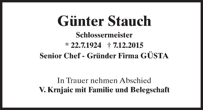  Traueranzeige für Günter Stauch vom 15.12.2015 aus  Rheingau
