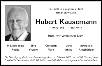 Traueranzeige von Hubert Kausemann von  GT Extra