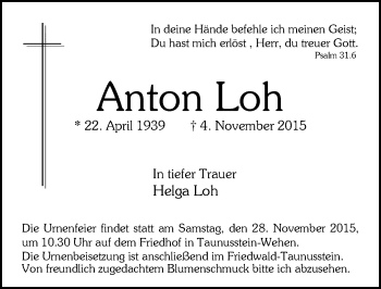 Traueranzeige von Anton Loh von  Wiesbaden komplett