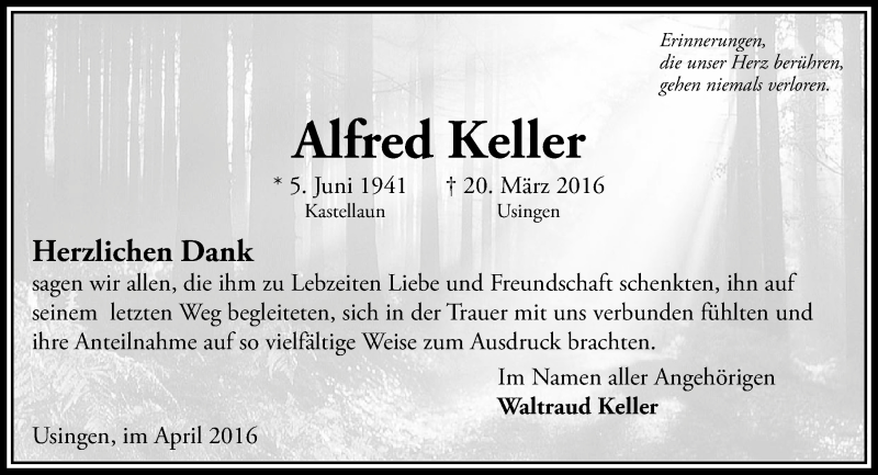  Traueranzeige für Alfred Keller vom 02.04.2016 aus  Usinger Anzeiger