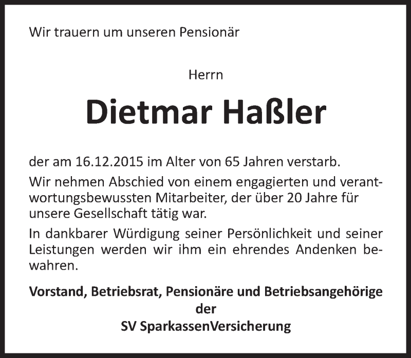  Traueranzeige für Dietmar Haßler vom 23.12.2015 aus  Wiesbaden komplett