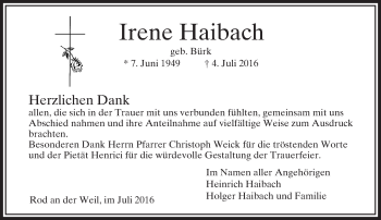 Traueranzeige von Irene Haibach von  Usinger Anzeiger