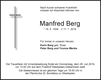 Traueranzeige von Manfred Berg von Trauerportal Rhein Main Presse
