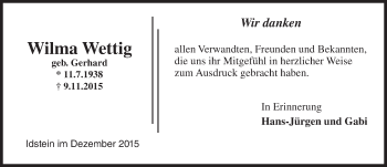 Traueranzeige von Wilma Wettig von  Idsteiner Zeitung
