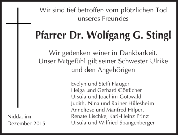 Traueranzeige von Wolfgang G. Stingl von  Kreisanzeiger