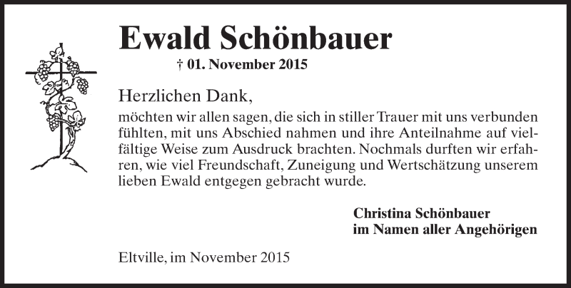 Traueranzeige für Ewald Schönbauer vom 21.11.2015 aus  Rheingau