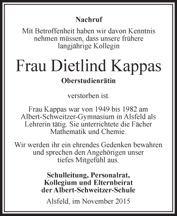 Traueranzeige von Dietlind Kappas von VRM Trauer