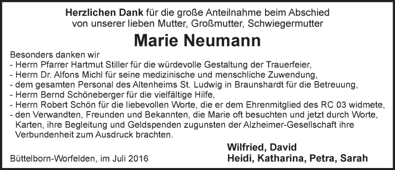  Traueranzeige für Marie Neumann vom 18.07.2016 aus Trauerportal Echo Online
