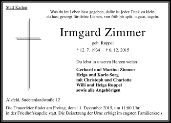 Traueranzeige von Irmgard Zimmer von VRM Trauer