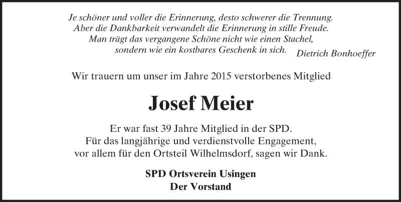 Traueranzeige für Josef Meier vom 31.12.2015 aus  Usinger Anzeiger