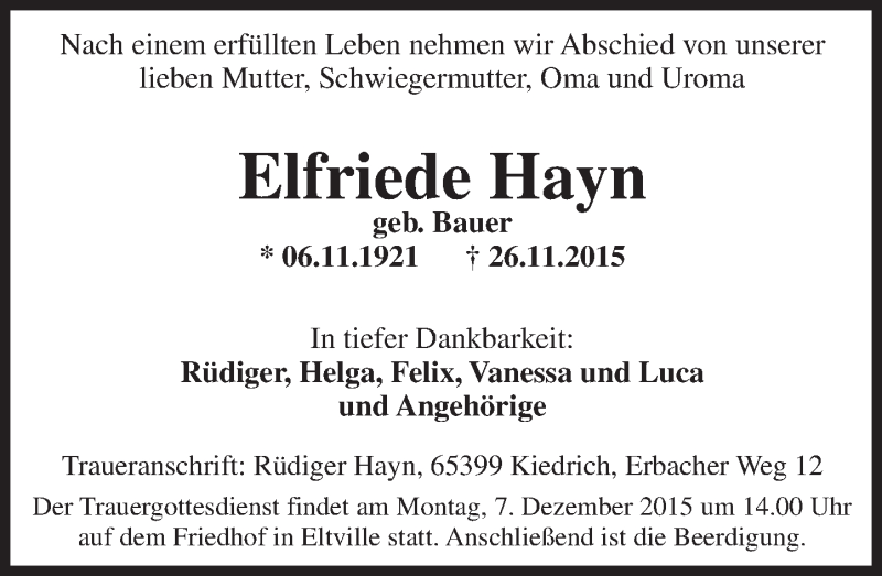  Traueranzeige für Elfriede Hayn vom 02.12.2015 aus  Rheingau