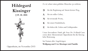 Traueranzeige von Hildegard Kissinger von  Landskrone