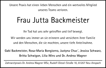 Traueranzeige von Jutta Backmeister von  Usinger Anzeiger