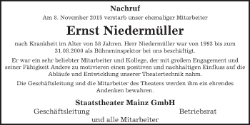 Traueranzeige von Ernst Niedermüller von  Allgemeine Zeitung Mainz