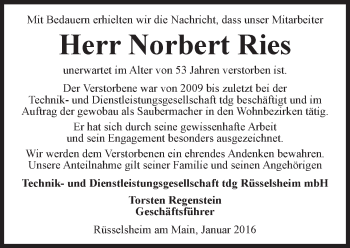 Traueranzeige von Norbert Ries von trauer.rmp.de