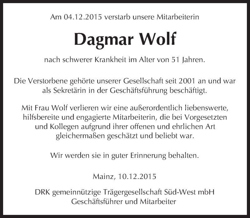  Traueranzeige für Dagmar Wolf vom 12.12.2015 aus  Allgemeine Zeitung Mainz