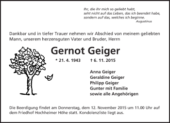 Traueranzeige von Gernot Geiger von  Wormser Zeitung