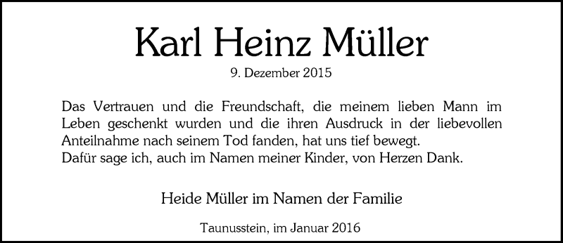  Traueranzeige für Karl Heinz Müller vom 16.01.2016 aus  WK-UTA/Aar-Bote
