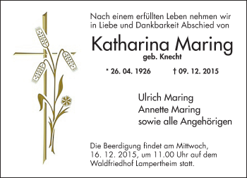 Traueranzeige von Katharina Maring von  Bürstädter Zeitung
