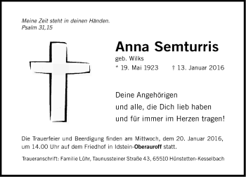 Traueranzeige von Anna Semturris von  Idsteiner Zeitung
