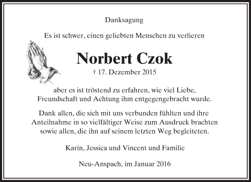  Traueranzeige für Norbert Czok vom 09.01.2016 aus  Usinger Anzeiger