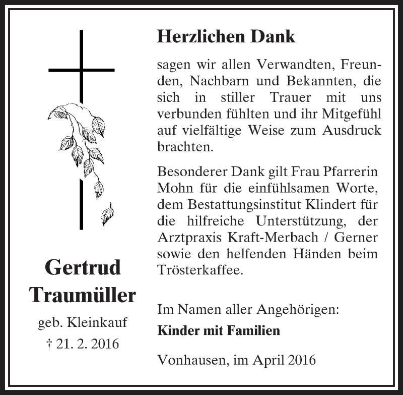 Traueranzeige für Gertrud Traumüller vom 02.04.2016 aus  Sonntags Anzeiger