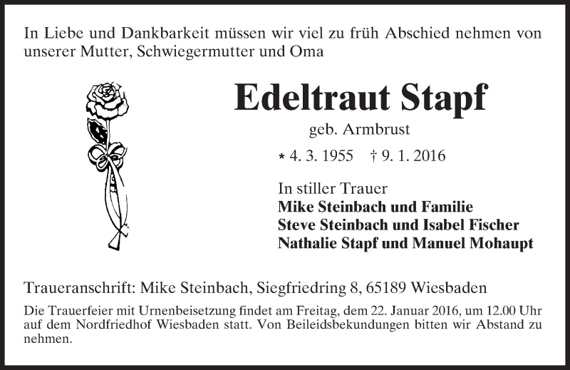  Traueranzeige für Edeltraut Stapf vom 16.01.2016 aus  Wiesbaden komplett