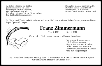 Traueranzeige von Franz Zimmermann von  Gießener Anzeiger