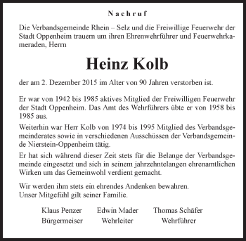 Traueranzeige von Heinz Kolb von  Landskrone