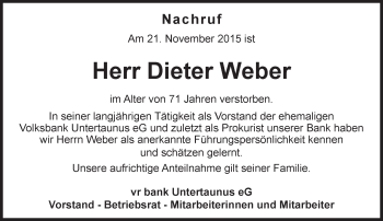 Traueranzeige von Dieter Weber von  WK-UTA/Aar-Bote