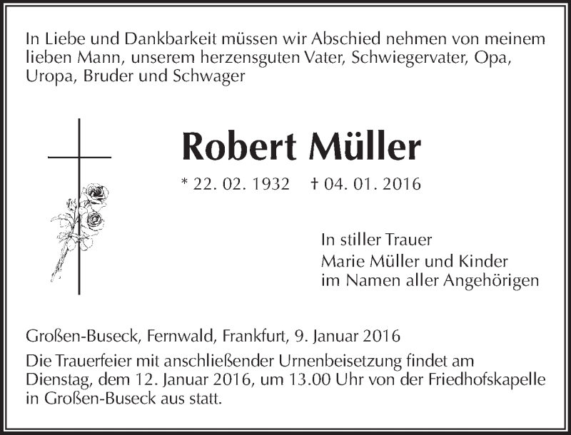  Traueranzeige für Robert Müller vom 09.01.2016 aus  Gießener Anzeiger
