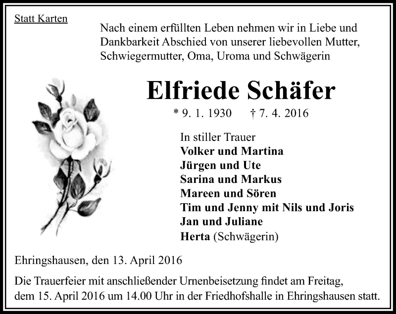  Traueranzeige für Elfriede Schäfer vom 13.04.2016 aus VRM Trauer