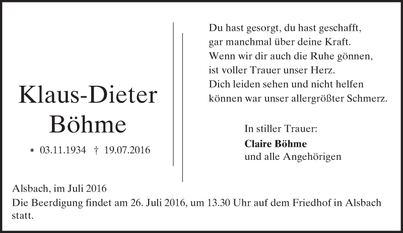 Traueranzeige für Klaus-Dieter Böhme vom 23.07.2016 aus Trauerportal Echo Online