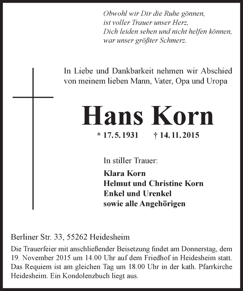  Traueranzeige für Hans Korn vom 18.11.2015 aus  Allgemeine  Zeitung Ingelheim-Bingen
