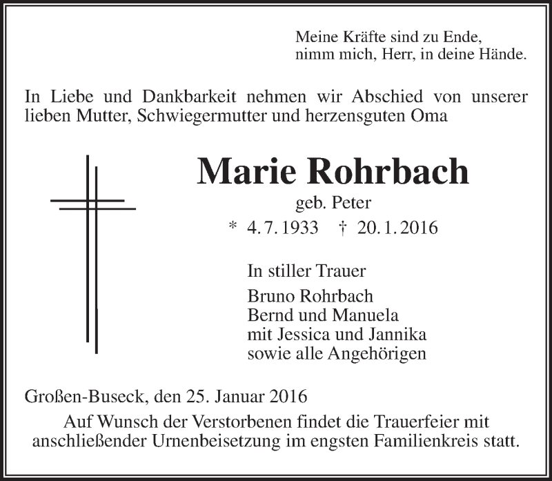  Traueranzeige für Marie Rohrbach vom 25.01.2016 aus  Gießener Anzeiger