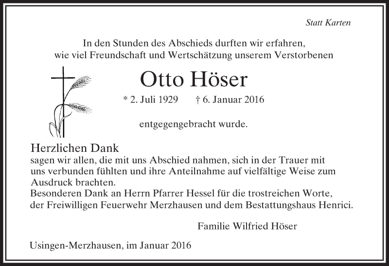  Traueranzeige für Otto Höser vom 30.01.2016 aus  Usinger Anzeiger