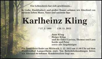 Traueranzeige von Karlheinz Kling von  Bürstädter Zeitung