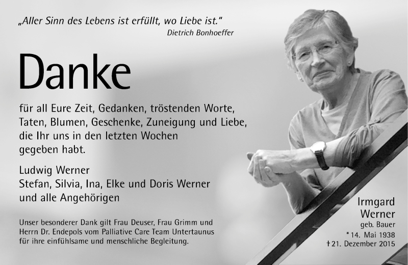 Traueranzeige für Irmgard Werner vom 12.01.2016 aus  WK-UTA/Aar-Bote