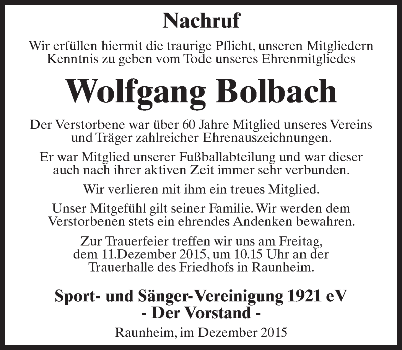  Traueranzeige für Wolfgang Bolbach vom 09.12.2015 aus  Mainspitze