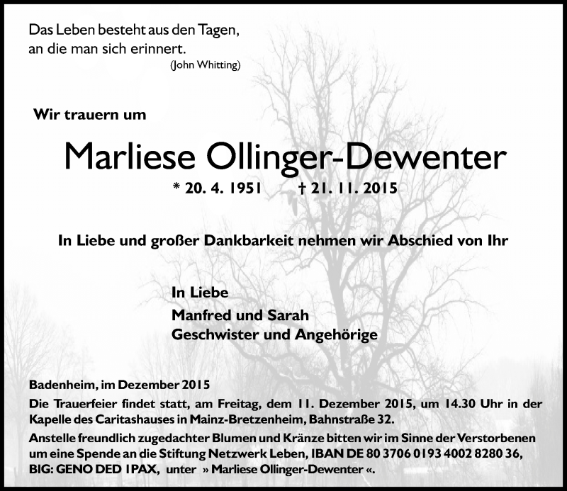  Traueranzeige für Marliese Ollinger-Dewenter vom 08.12.2015 aus  Allg. Zeitung Bad Kreuznach