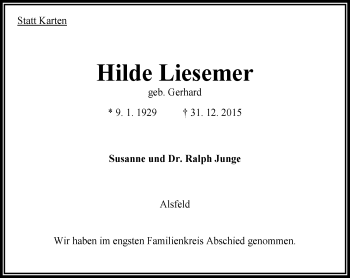 Traueranzeige von Hilde Liesemer von VRM Trauer