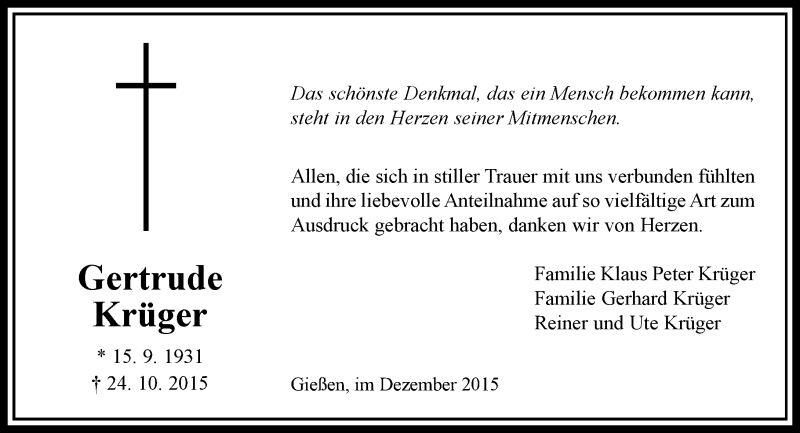  Traueranzeige für Gertrude  Krüger vom 05.12.2015 aus  Gießener Anzeiger